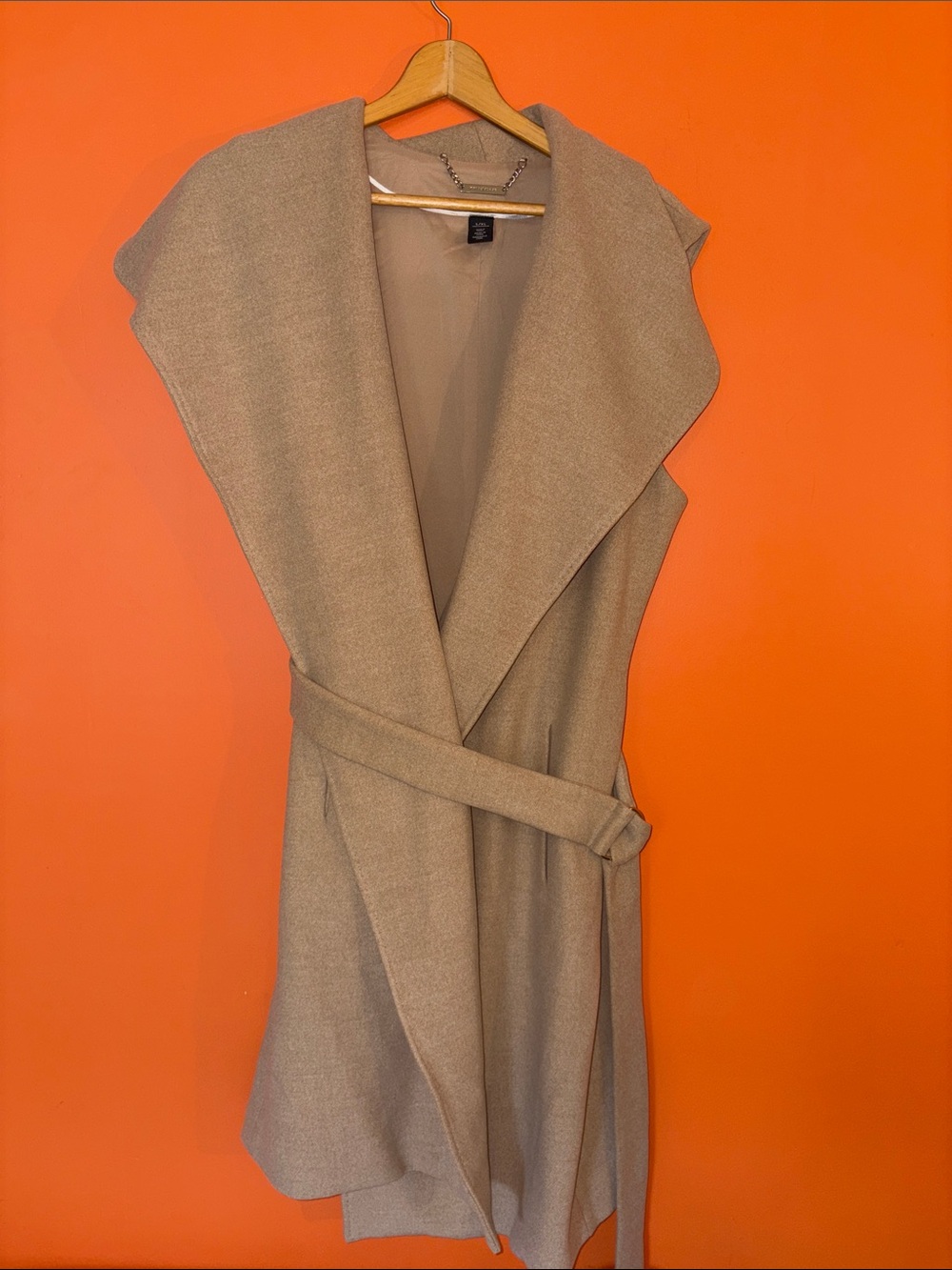 White House Black Market Sleeveless Draped Wrap Long Belted Vest in Camel L/XL